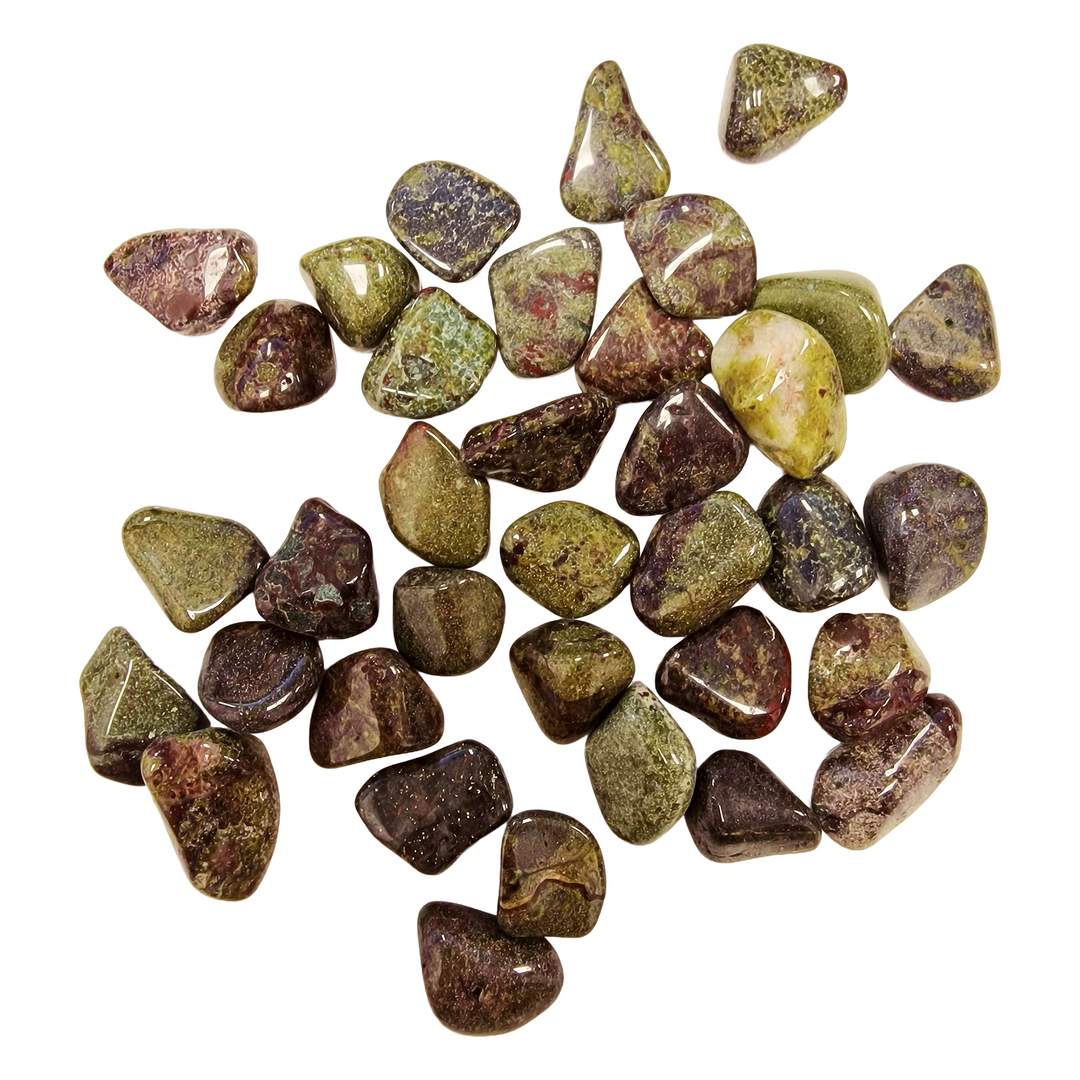 GeoFossils Dragons Blood Tumble Stones – group of polished green and red jasper crystals with natural patterns