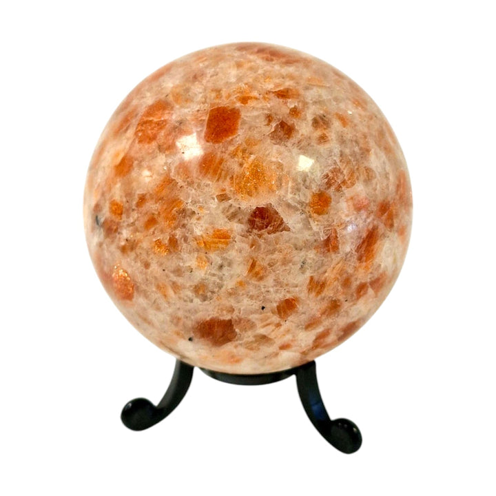 GeoFossils Polished Sunstone sphere with vibrant orange flash and shimmering inclusions, offered as a one-off in a live crystal auction.
