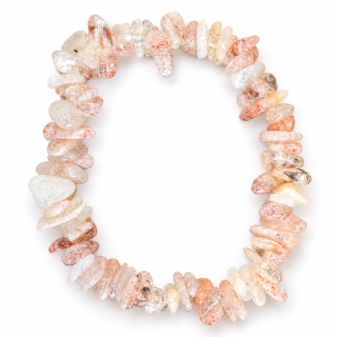 GeoFossils Oregon Sunstone chip bracelet arranged in a loop on a white background.