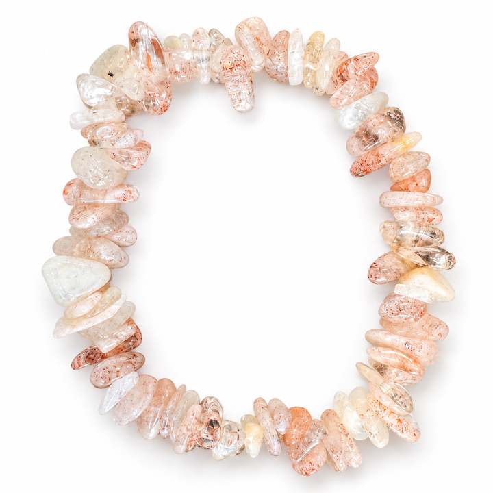 GeoFossils Oregon Sunstone chip bracelet arranged in a loop on a white background.