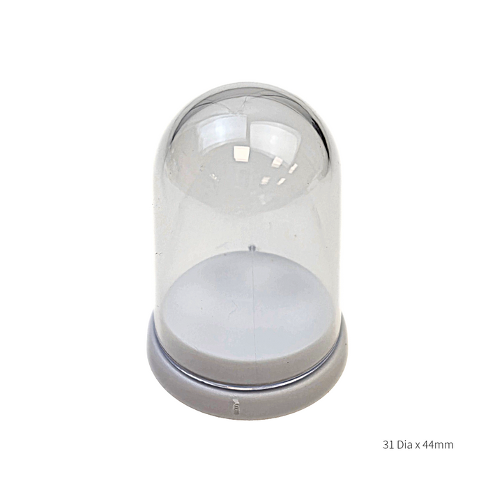 A clear plastic dome cloche with a white base, shown on a solid white background with a small size text overlay in the bottom right corner reading '31 Dia x 44mm'.