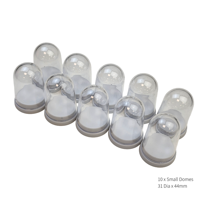 white Base Pack of 10 small plastic specimen display domes measuring 31mm by 44mm