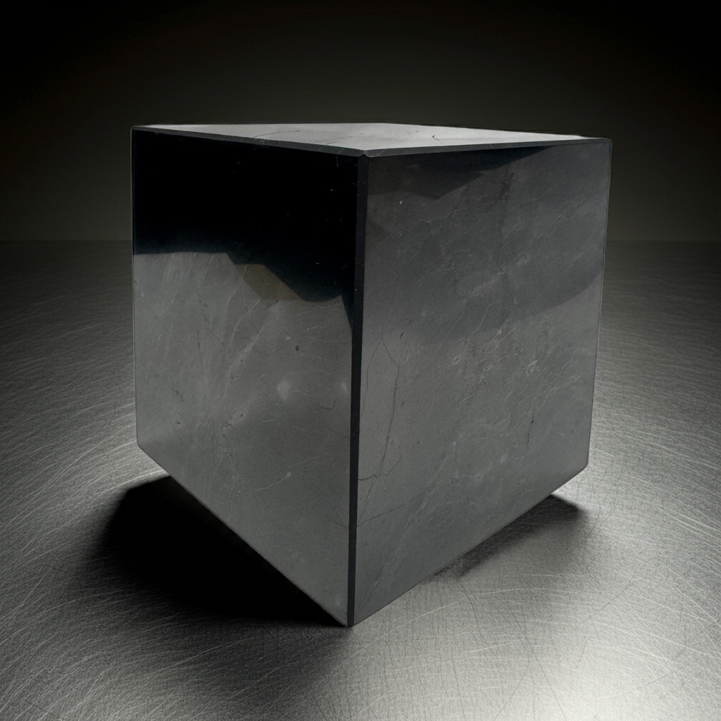 Studio Photograph of Shungite cube in a clean dark grey background