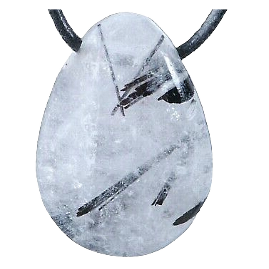 GeoFossils Tourmalinated Quartz Drilled Tumble Stone – clear crystal with black inclusions and horizontal drill hole for protection and spiritual clarity
