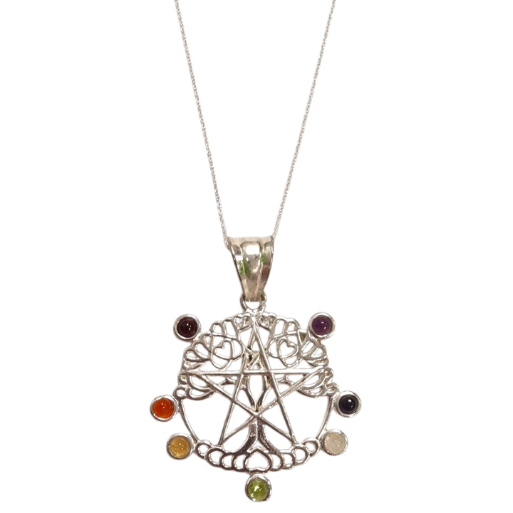 Sterling silver Tree of Life Pentagram Pendant featuring chakra gemstones for energy healing and spiritual alignment with Sterling Silver Chain