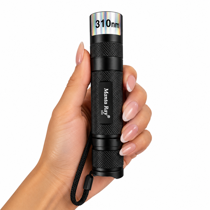GeoFossils 310nm Manta Ray UV torch held in hand against a white background.