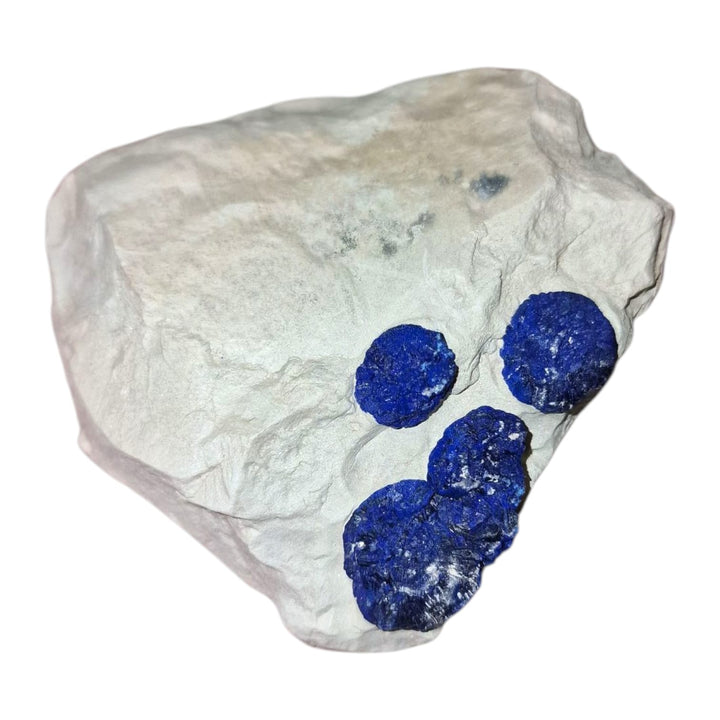 GeoFossils Azurite Sun – a rare, circular deep blue crystal formation from the Malbunka Copper Mine, Australia, with radiant patterns resembling the sun. Associated with the Third Eye and Throat Chakras, intuition, spiritual insight, and communication.