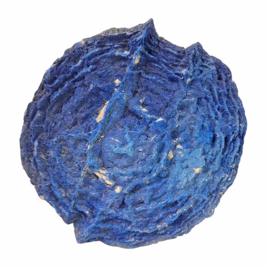 GeoFossils Azurite Sun – a rare, circular deep blue crystal formation from the Malbunka Copper Mine, Australia, with radiant patterns resembling the sun. Associated with the Third Eye and Throat Chakras, intuition, spiritual insight, and communication.