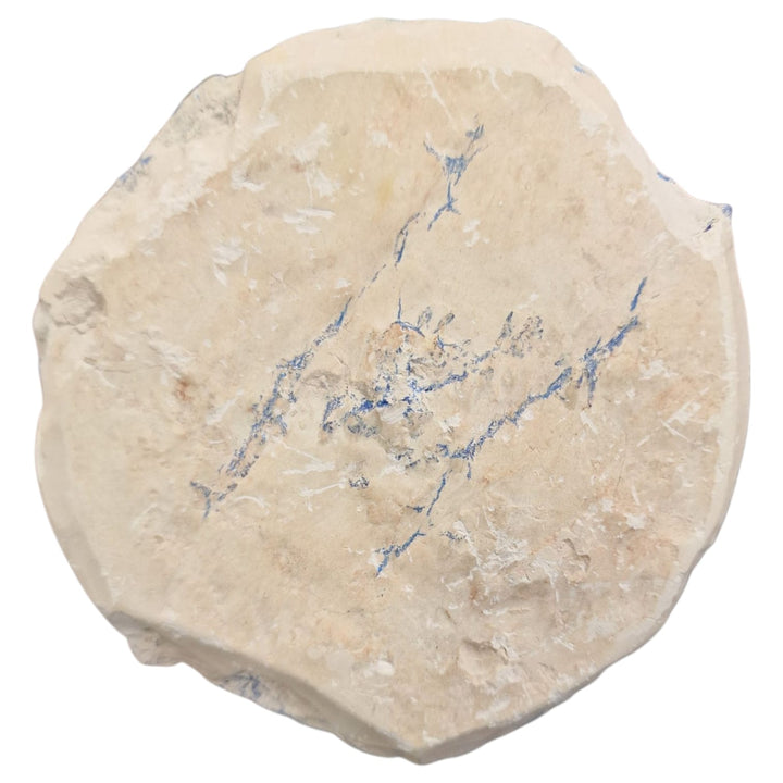 GeoFossils Azurite Sun – a rare, circular deep blue crystal formation from the Malbunka Copper Mine, Australia, with radiant patterns resembling the sun. Associated with the Third Eye and Throat Chakras, intuition, spiritual insight, and communication.