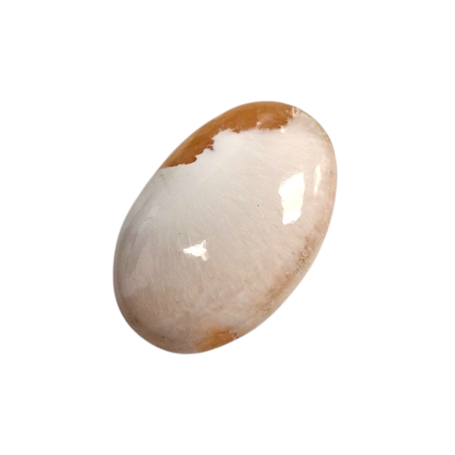 GeoFossils Scolecite & Stilbite Palm Stone (Small) – a soft blend of white and peach crystal for emotional healing and peaceful spiritual connection.