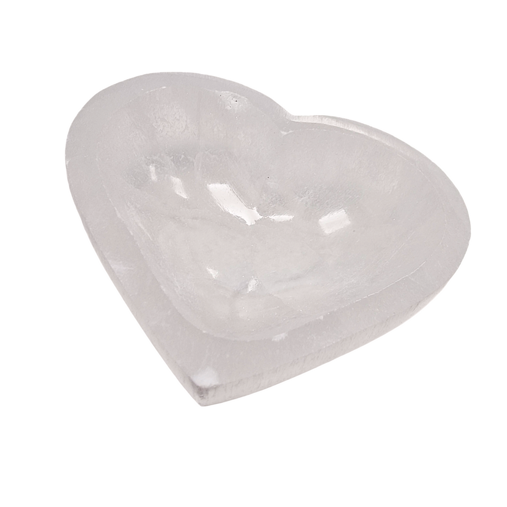 Selenite Charging Bowl 8 cm heart shape shown on white background.