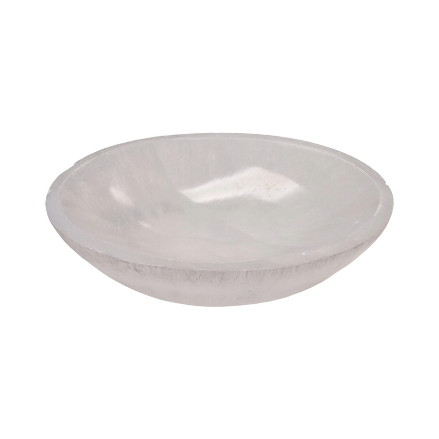 Selenite Oval Charging Bowl 10 cm shown on white background.