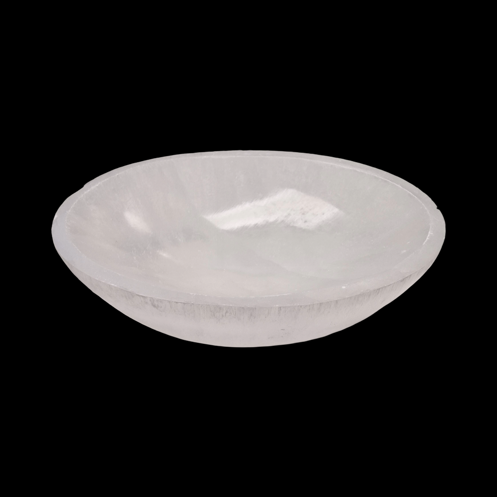 Selenite Oval Charging Bowl 10 cm shown on black background.