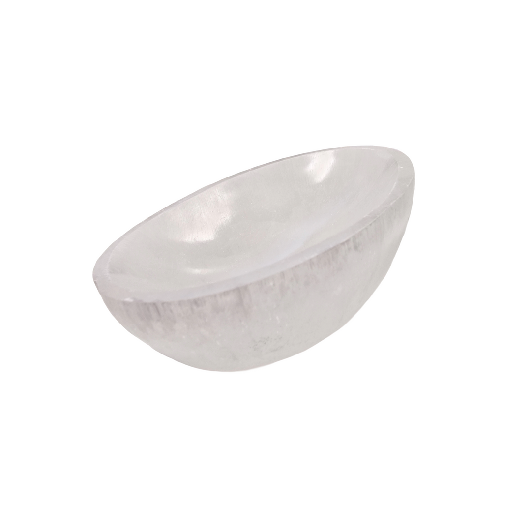 Selenite Oval Charging Bowl 10 cm shown on white background.