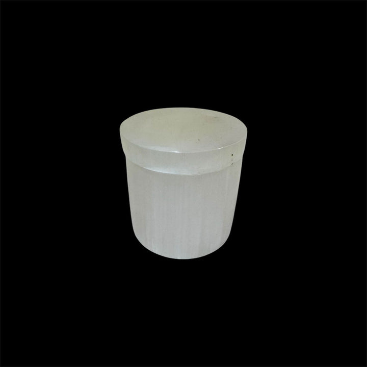 GeoFossils polished Selenite Round Charging Box with Lid, crafted from Moroccan Selenite for storing and energetically charging crystals and jewellery.