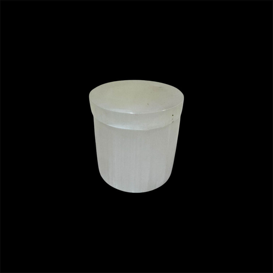 GeoFossils polished Selenite Round Charging Box with Lid, crafted from Moroccan Selenite for storing and energetically charging crystals and jewellery.