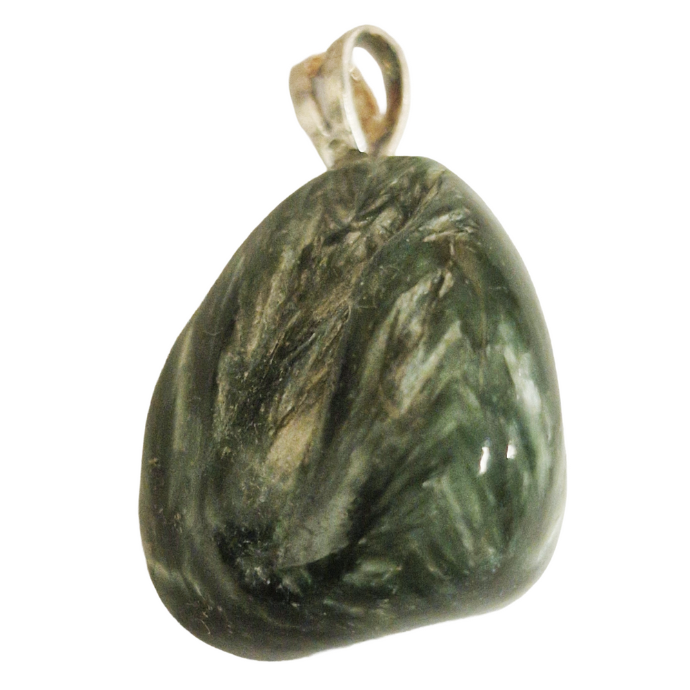 GeoFossils Seraphinite Sterling Silver Pendant – Russian green gemstone with silver feather patterns – heart healing and spiritual connection jewellery – handmade in the UK.