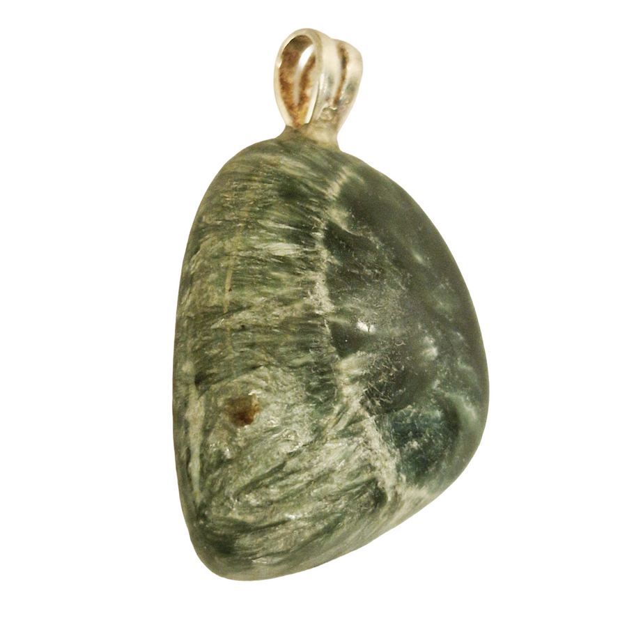 GeoFossils Seraphinite Sterling Silver Pendant – Russian green gemstone with silver feather patterns – heart healing and spiritual connection jewellery – handmade in the UK.