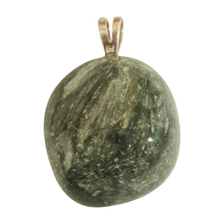 GeoFossils Seraphinite Sterling Silver Pendant – Russian green gemstone with silver feather patterns – heart healing and spiritual connection jewellery – handmade in the UK.