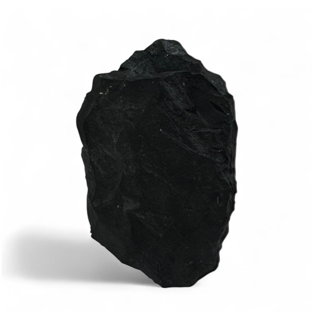 Natural shungite stone with a single polished face, showcasing raw black carbon-rich texture and glossy surface.