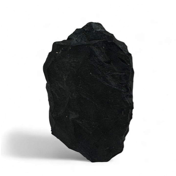 Natural shungite stone with a single polished face, showcasing raw black carbon-rich texture and glossy surface.
