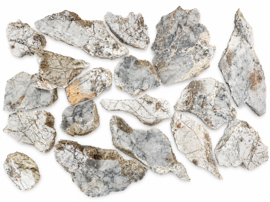 Timimoun 003 Aubrite meteorite collection showing eight exact raw stony meteorite specimens from Algeria on a white background.