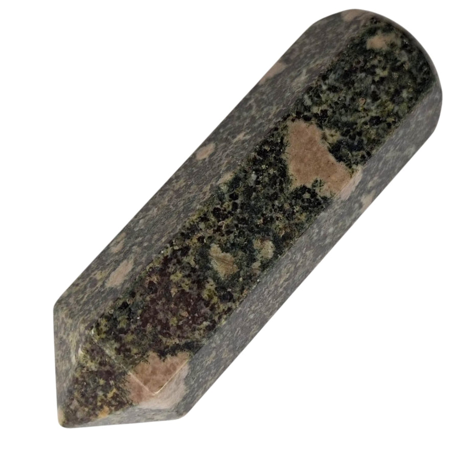 GeoFossils Preseli Bluestone Massage 7cm. Dark Green wirh white flecks of Dolorite
