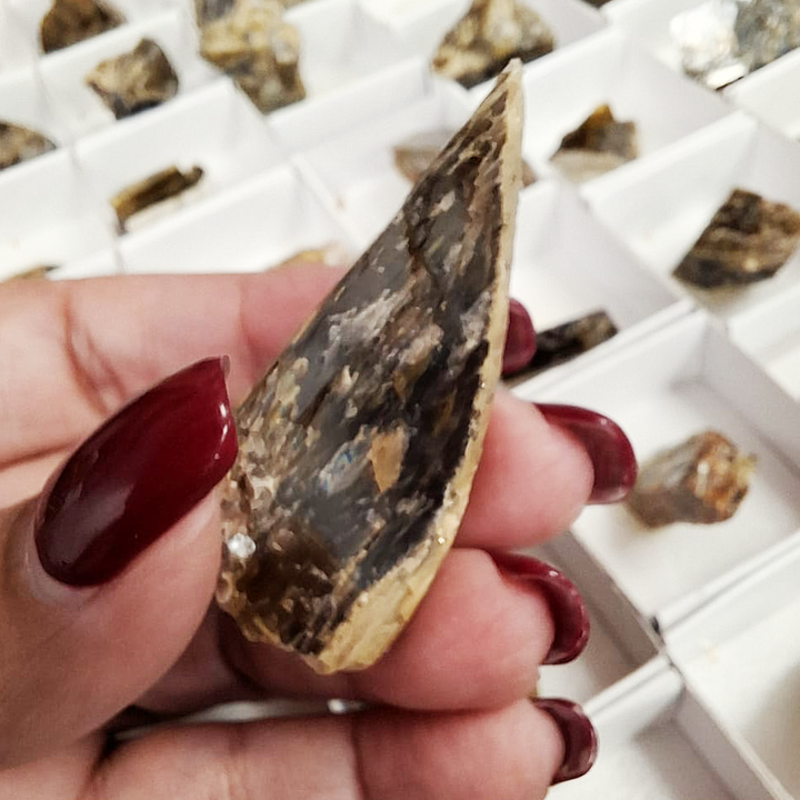 Close-up of siderite crystal from Panasqueira displaying sharp rhombohedral structure and lustre.