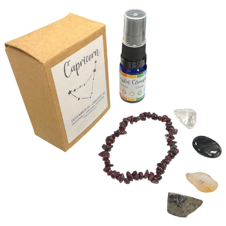 GeoFossils Capricorn Zodiac Crystal Set – Garnet Bracelet and Crystals for Strength, Success and Grounded Focus