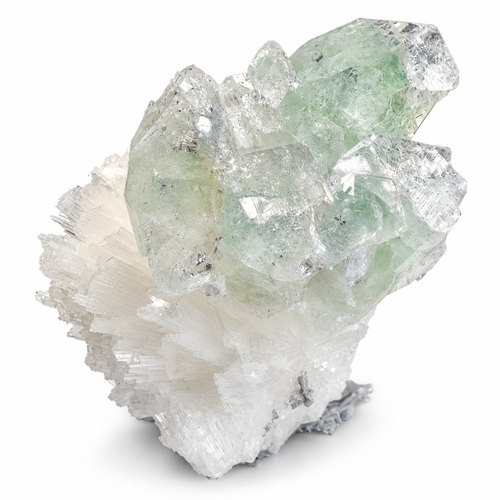 Rotating view of natural Green Apophyllite with Scolecite from Jalgaon District, India, showcasing pale green translucent crystal formations, delicate white Scolecite sprays, reflective surfaces and natural mineral structure from multiple angles.