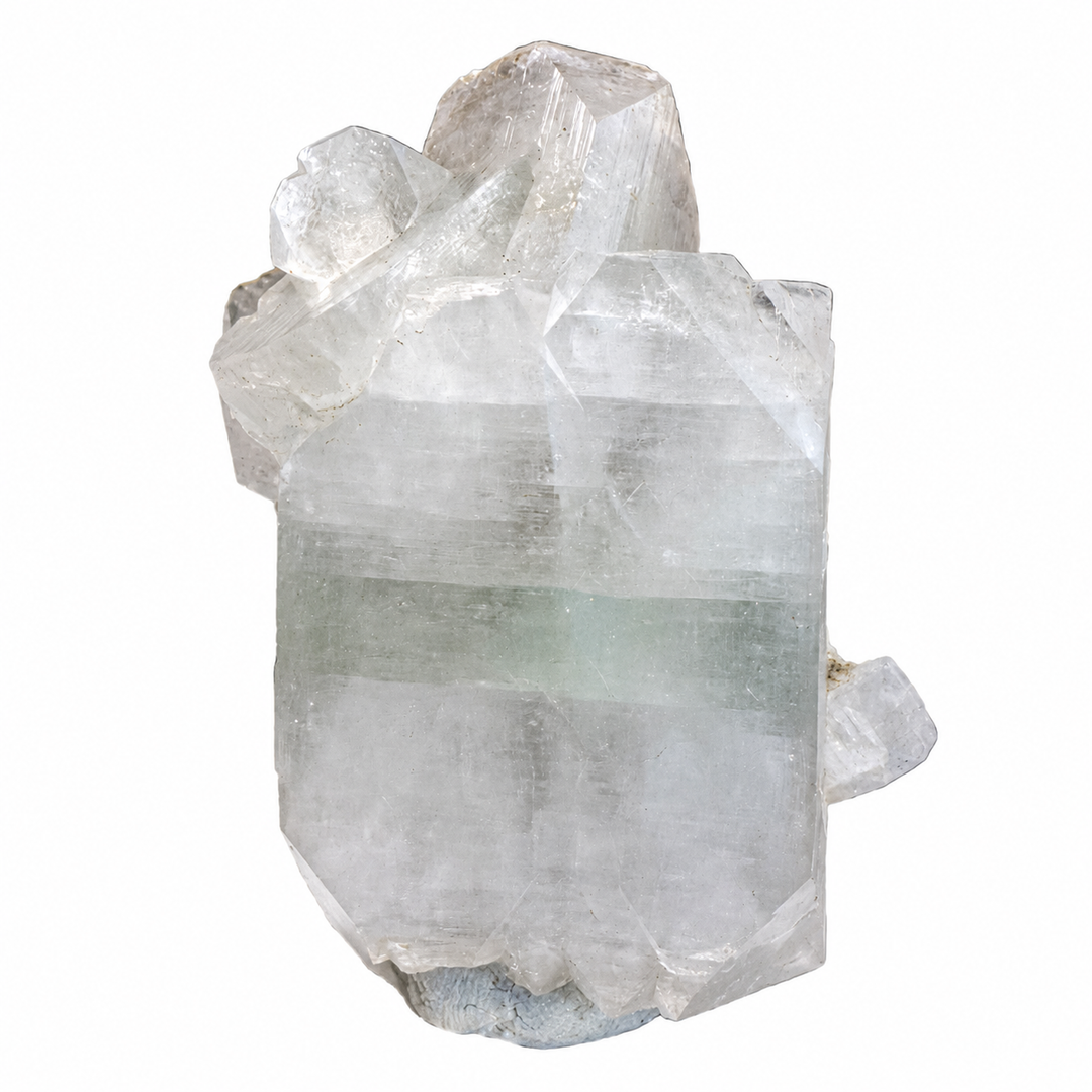 Rotating view of Green Apophyllite from Pashan Quarries, Pune, India, highlighting translucent pale green crystals, natural growth patterns and mineral matrix.