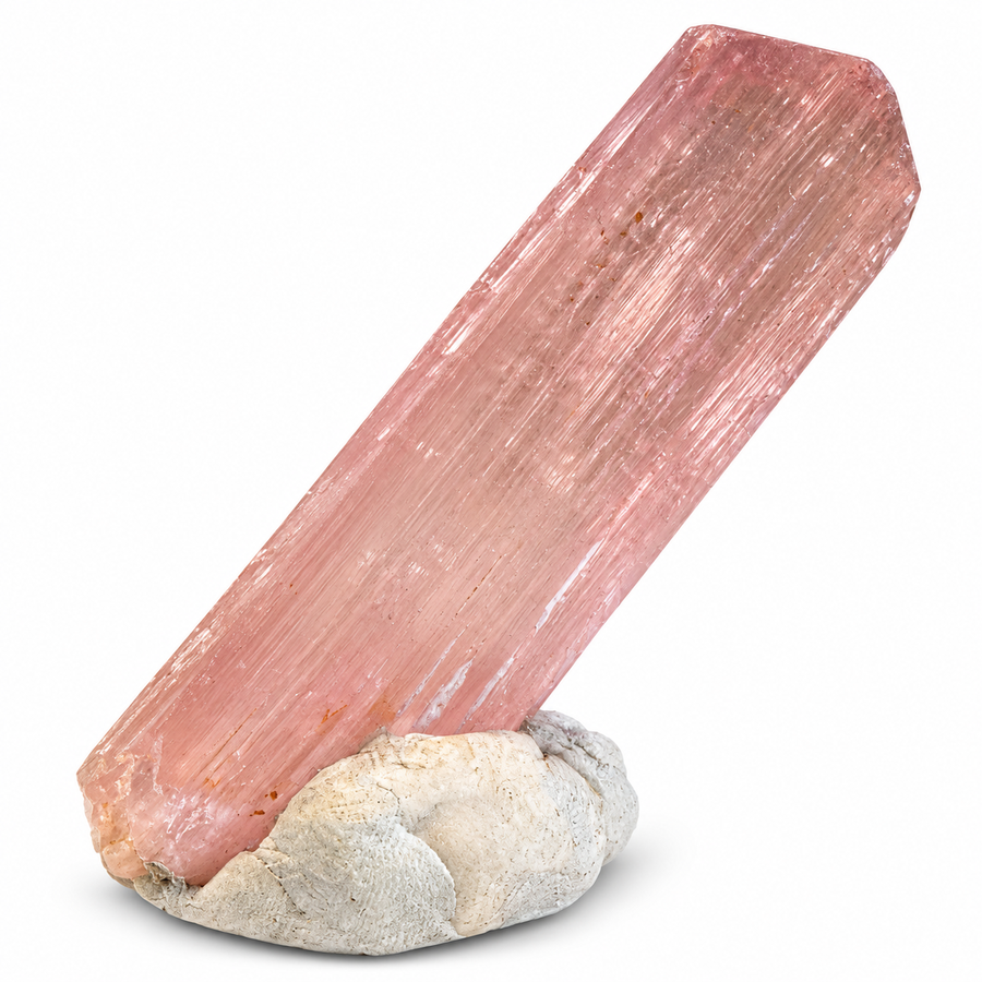 360-degree rotating view of a natural pink Spodumene crystal from Nuristan, Afghanistan, showcasing its elongated prismatic structure, delicate pink colouring, textured crystal faces and natural surface details. A.P. Castleton Collection, specimen X-1142.