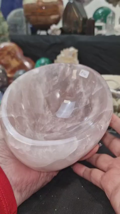 GeoFossils One-off oval bowl carved from premium rose quartz with soft pink tones, featured in a live auction for crystal collectors.