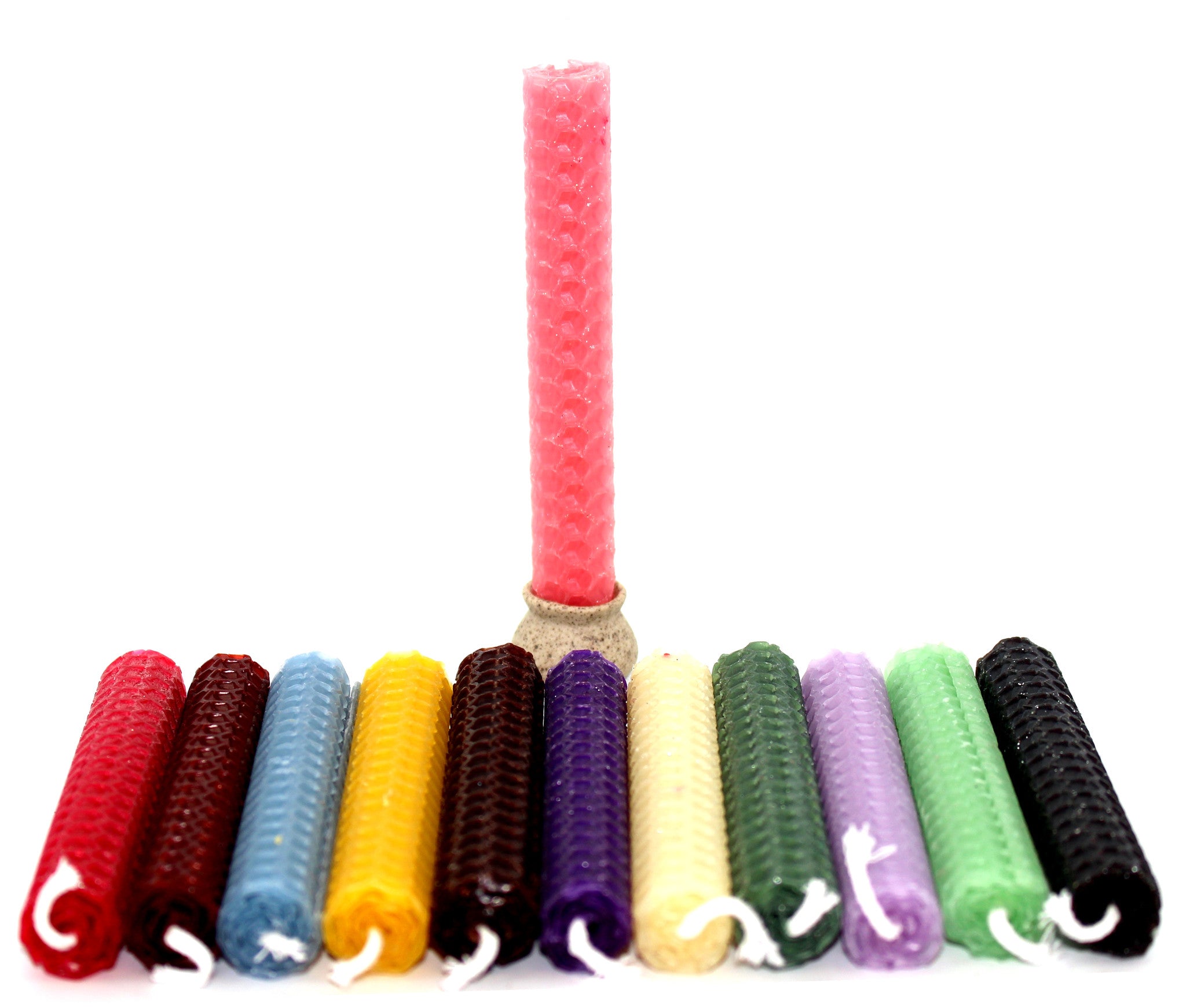 12 Assorted Beeswax Hand Rolled Candles that are black, orange, purple, burgundy, yellow, green, blue and red