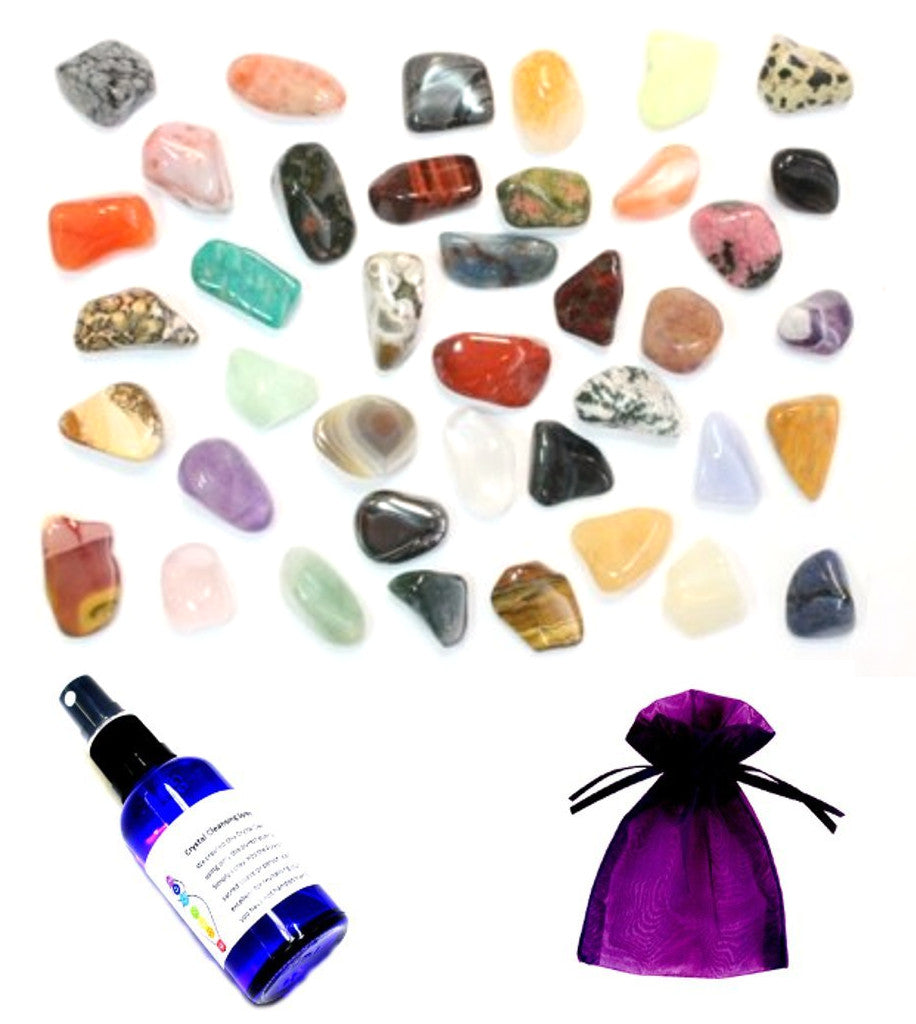 40 stones of assorted colours with purple bag and spray bottle