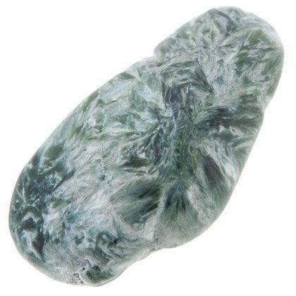 Seraphinite Tumble Stone Green, White feather like lines, soft to touch. Irregular shapes with blemish