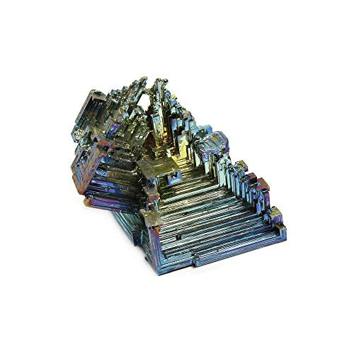Medium Bismuth mineral specimen in hand to show size, displaying blue, green, and pink hues.