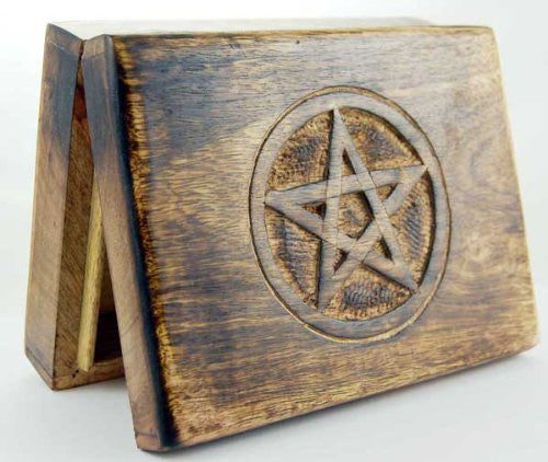 Wooden Tarot Card Box with Brass Engraved Pentagram (17cm x 13cm)