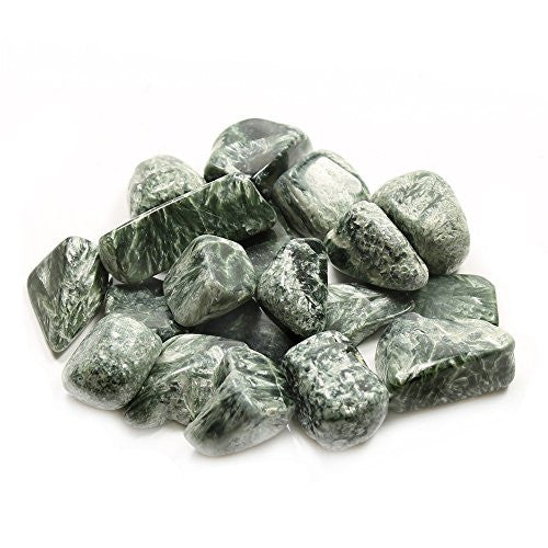 Seraphinite Tumble Stone Green, White feather like lines, soft to touch. Irregular shapes with blemish