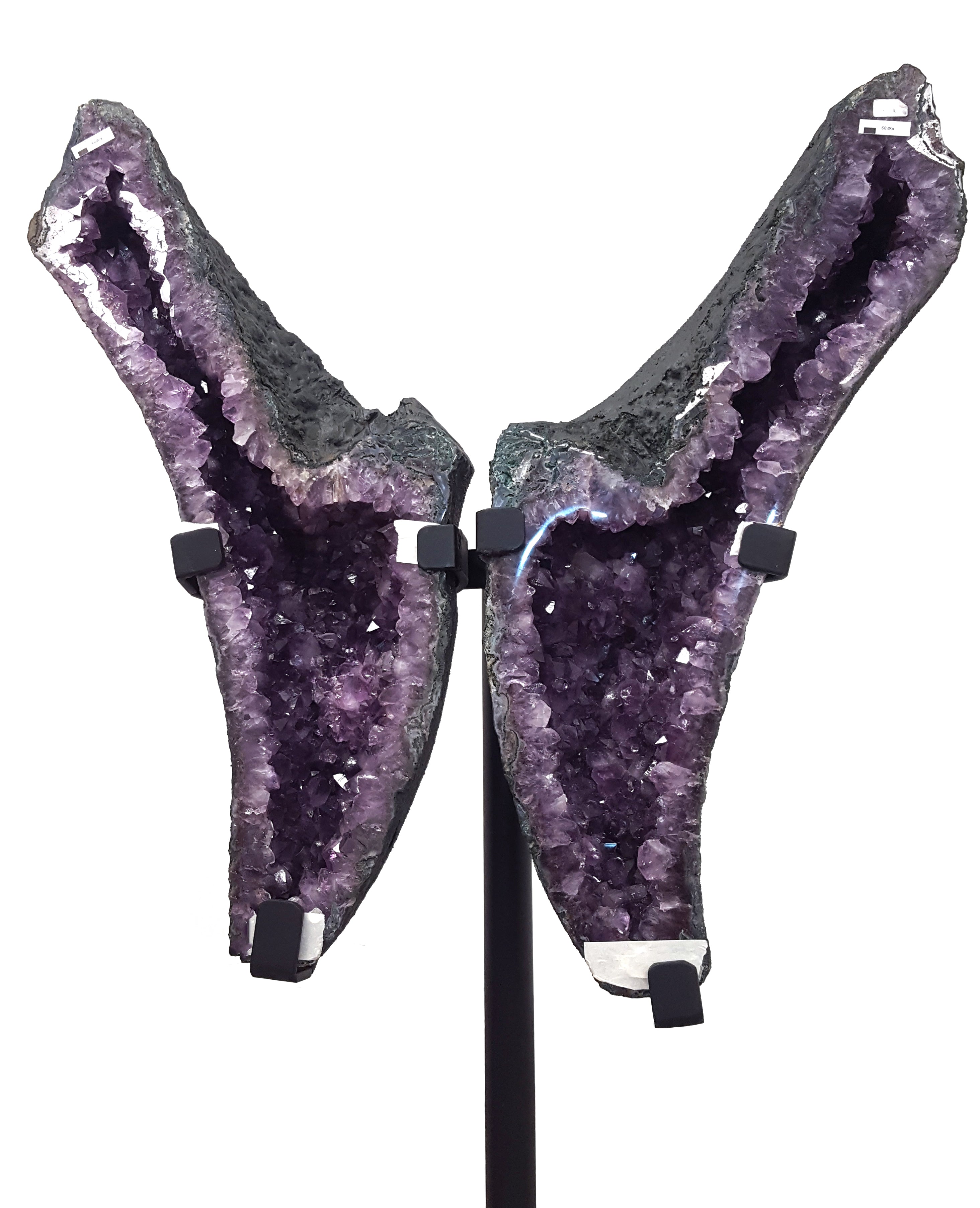 Grey and purple, shiny, sparkly angular shaped crystals, wingshaped