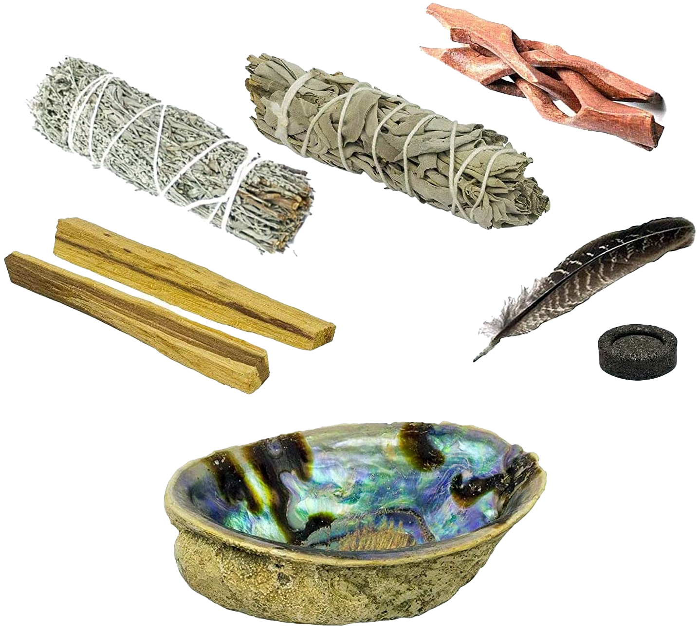 Apache 8pc Collection of White California Sage and Blue Sage, Palo Santo, Abalone Shell, Feather, Wooden Cobra Stand, Crystal Cleaning and Crystal Cleansing Smudge Kit Set