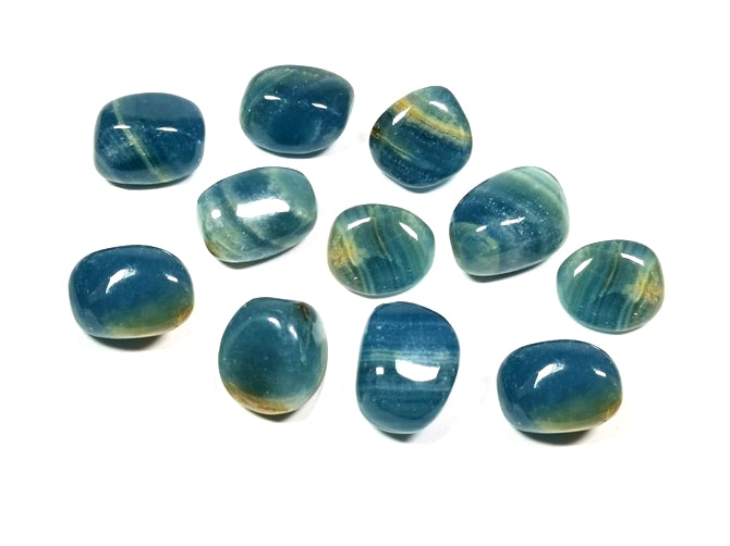 Blue Green, stripes of white calcite. Smooth to touch, soft feel, round, oval tumble stone