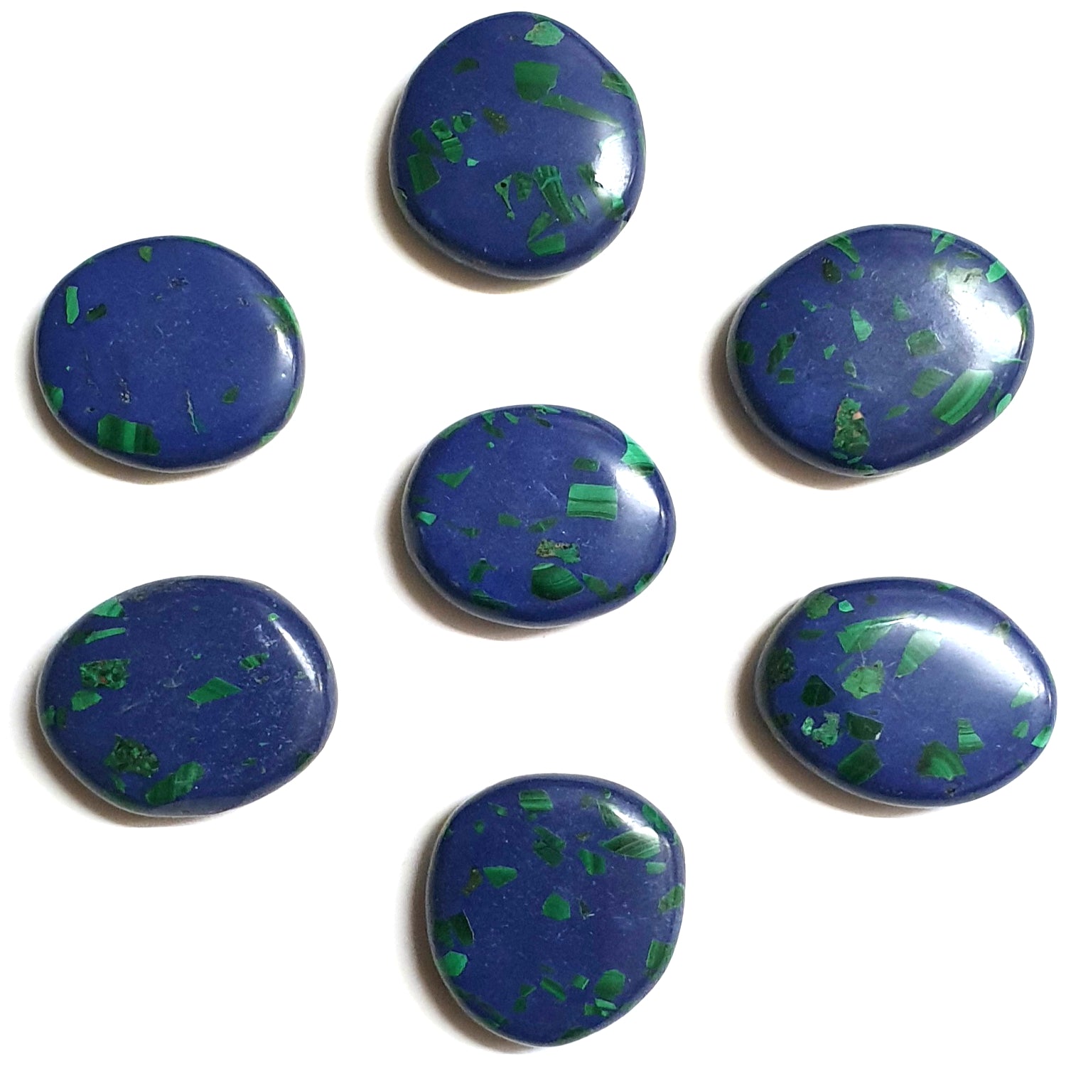 Azurite and Malachite Mini Ovals are approx 20mm long.  Each Oval has been hand polished.  Azurite and Malachite is also often found with Chrysocolla in addition to the metaphysical properties for each of the minerals, this combination can help extend ourselves to others, in the spirit of "brotherhood" and love.  I love this combination as it provides a demonstration of compassion, intelligence, promoting both philanthropic tendencies and attachments to "rightmindness".