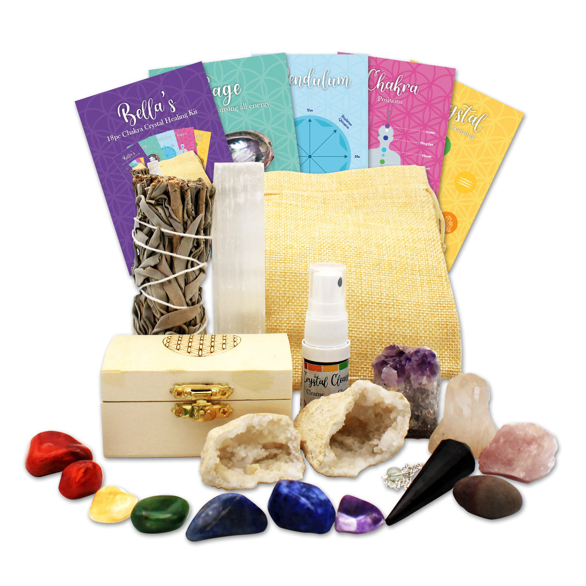 GeoFossils Bella's Eighteen pieces  Chakra Crystal Healing Kit  which includes  Chakra tumbles, Amethyst Cluster, Raw Stones, Sage, Crystal Cleansing Spray, Five Information which include Sage Smudging guide, Crystal Cleansing Guide, Chakra Balancing, How to use your pendulum, Metaphysical Information, Bohemian Gift Set