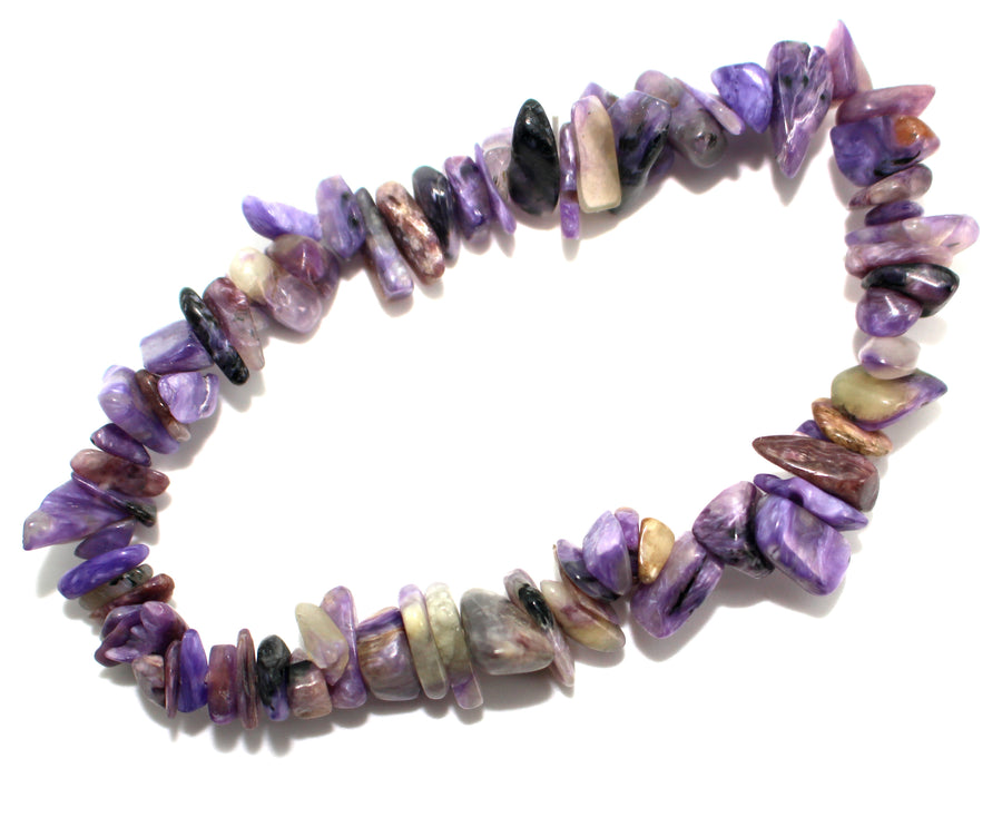 GeoFossils Charoite Gem Chip Bracelet with rich purple crystal chips on elastic cord – ideal for spiritual growth, emotional healing, and personal transformation