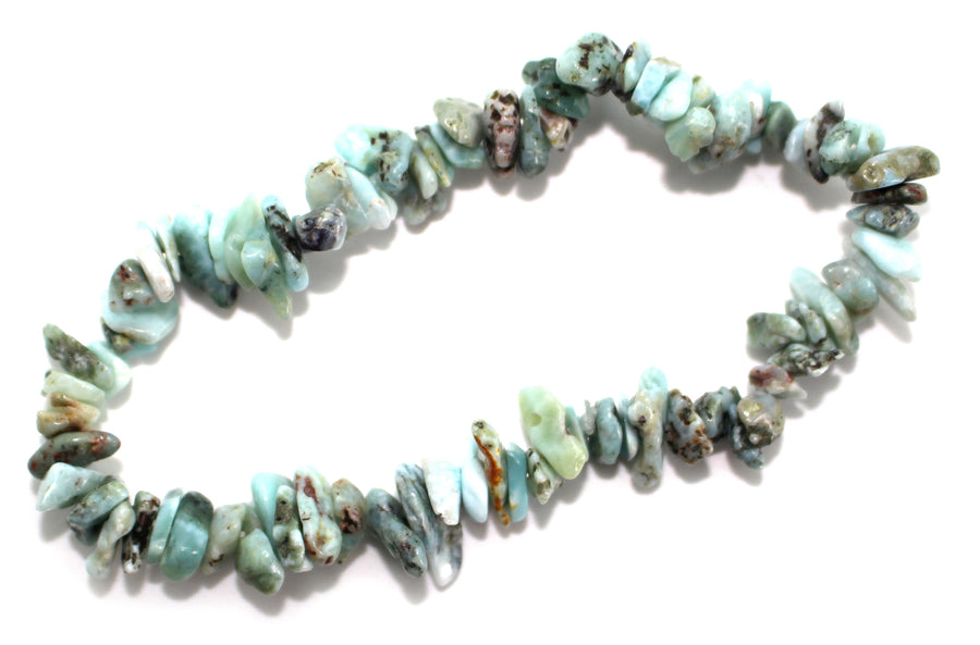 GeoFossils: Larimar Gem Chip Bracelet with natural blue crystal chips on elastic cord – calming ocean energy and divine feminine bracelet for emotional healing