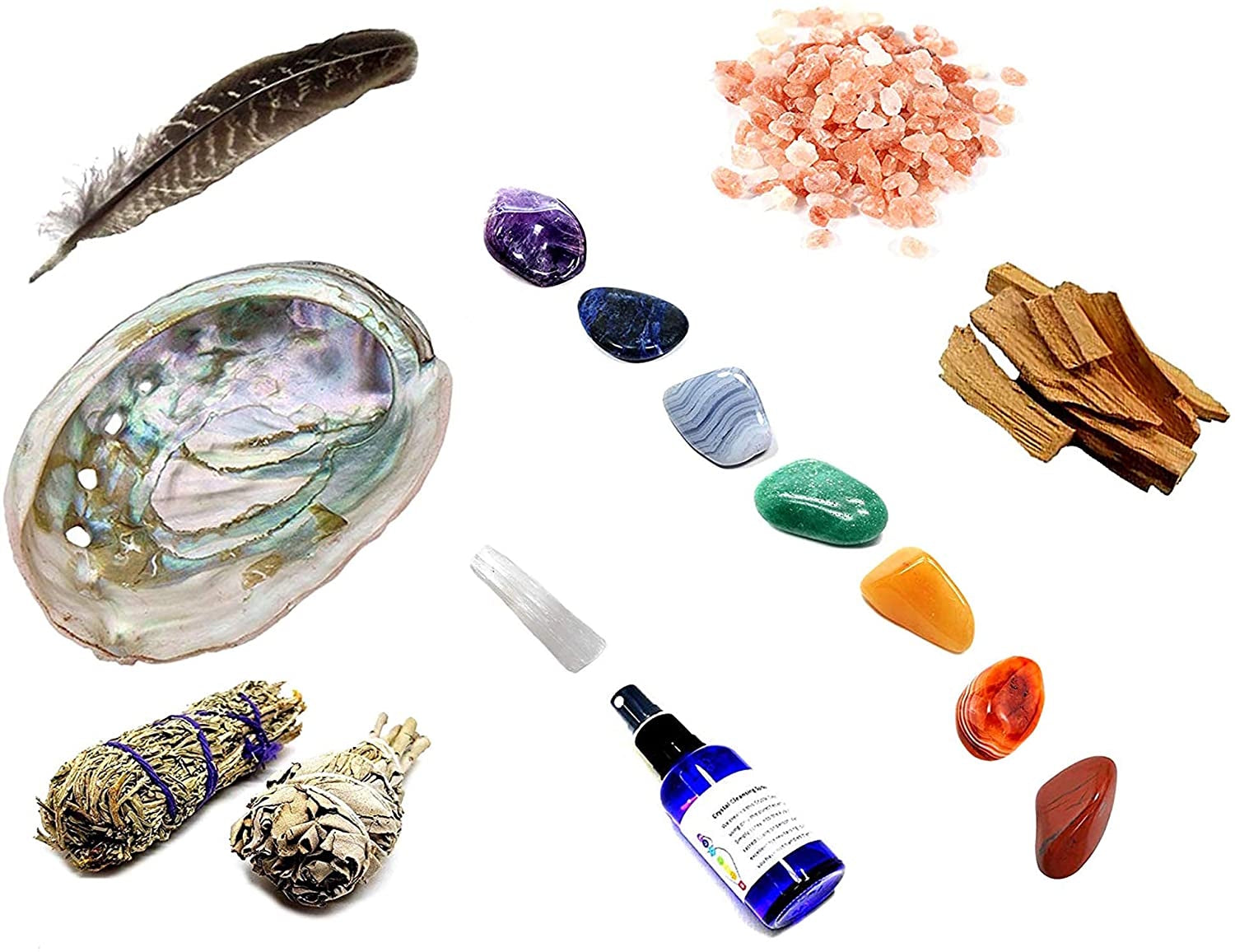5 Information booklets, feather, 2 sage, spray bottle, 7 crystals are green, red, purple, white and orange