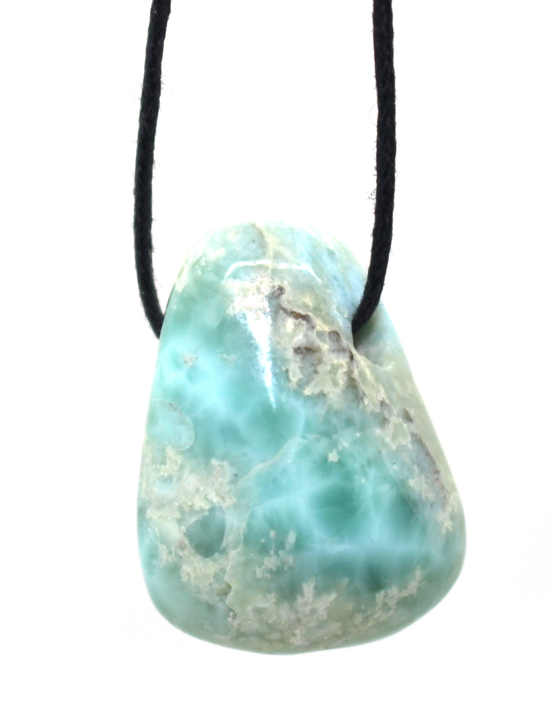 GeoFossils Larimar Drilled Tumble Stone – soft blue crystal with white marbling and horizontal drill hole for emotional healing and divine feminine energy