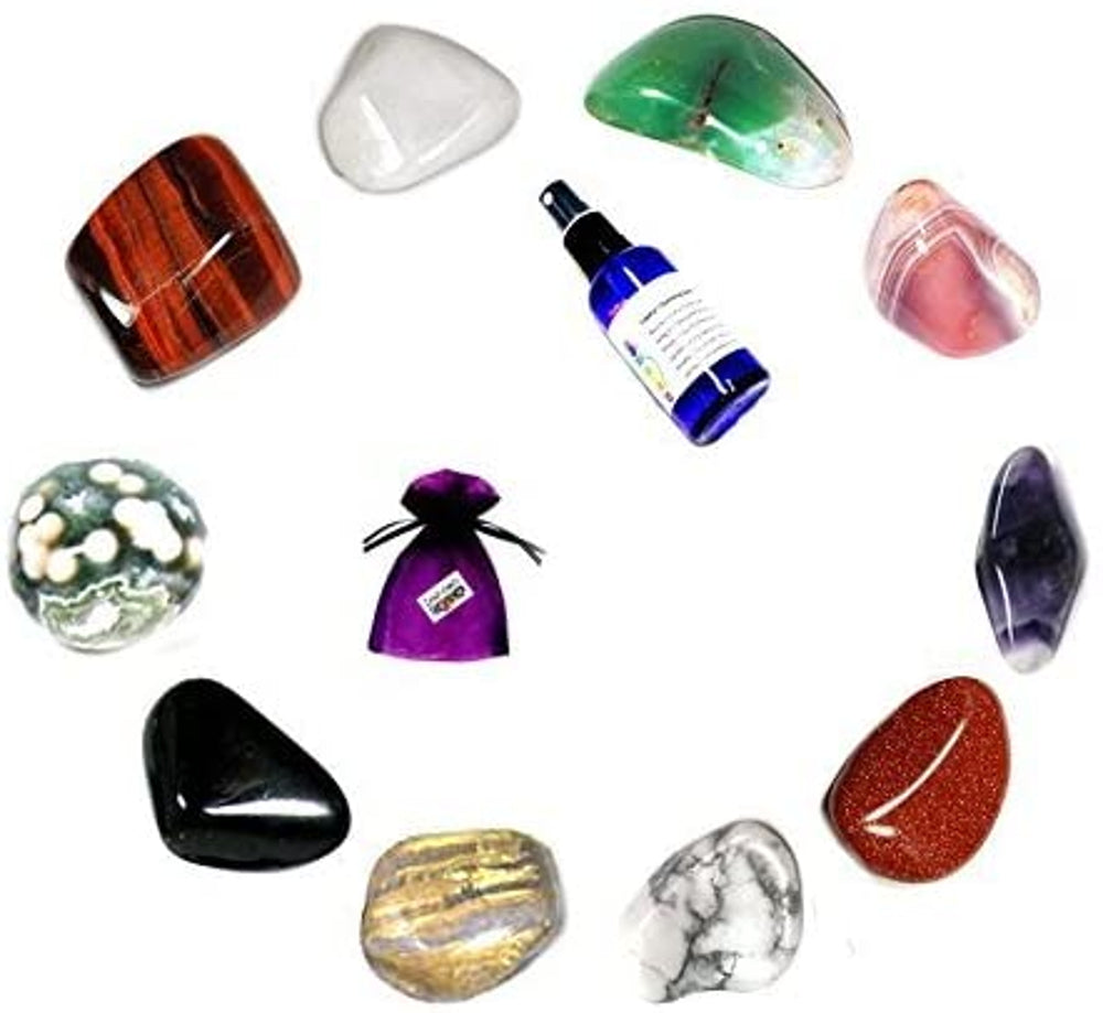 10 crystals, black, green, red, pink with marble white, black with marble white, grey and white, cream and beige, white, pouch and spray bottle