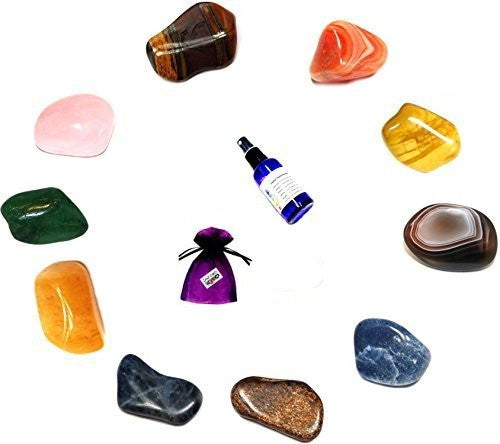 10 crystals, brown, red, yellow, blue, orange, green and pink, pouch and spray bottle